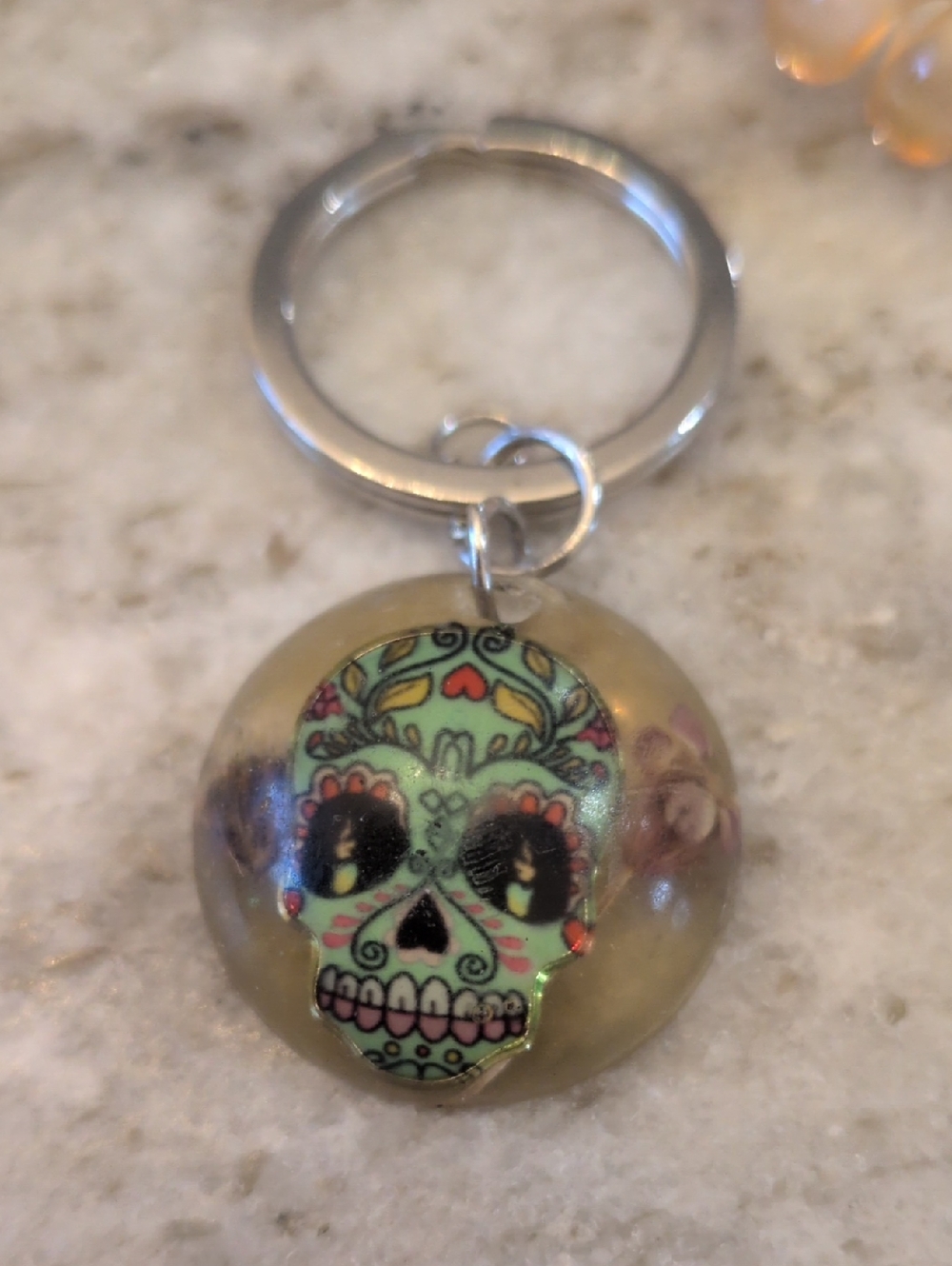 Sugar Skull Round Keychain - Green Accent